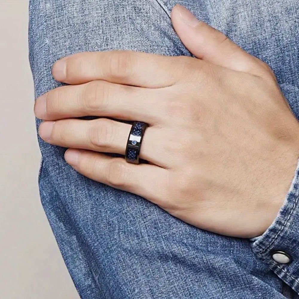 Tungsten Titanium Carbide 8 mm Blue Black Dragon with Blue CZ Gem Ring Band - Picture 4 of 13